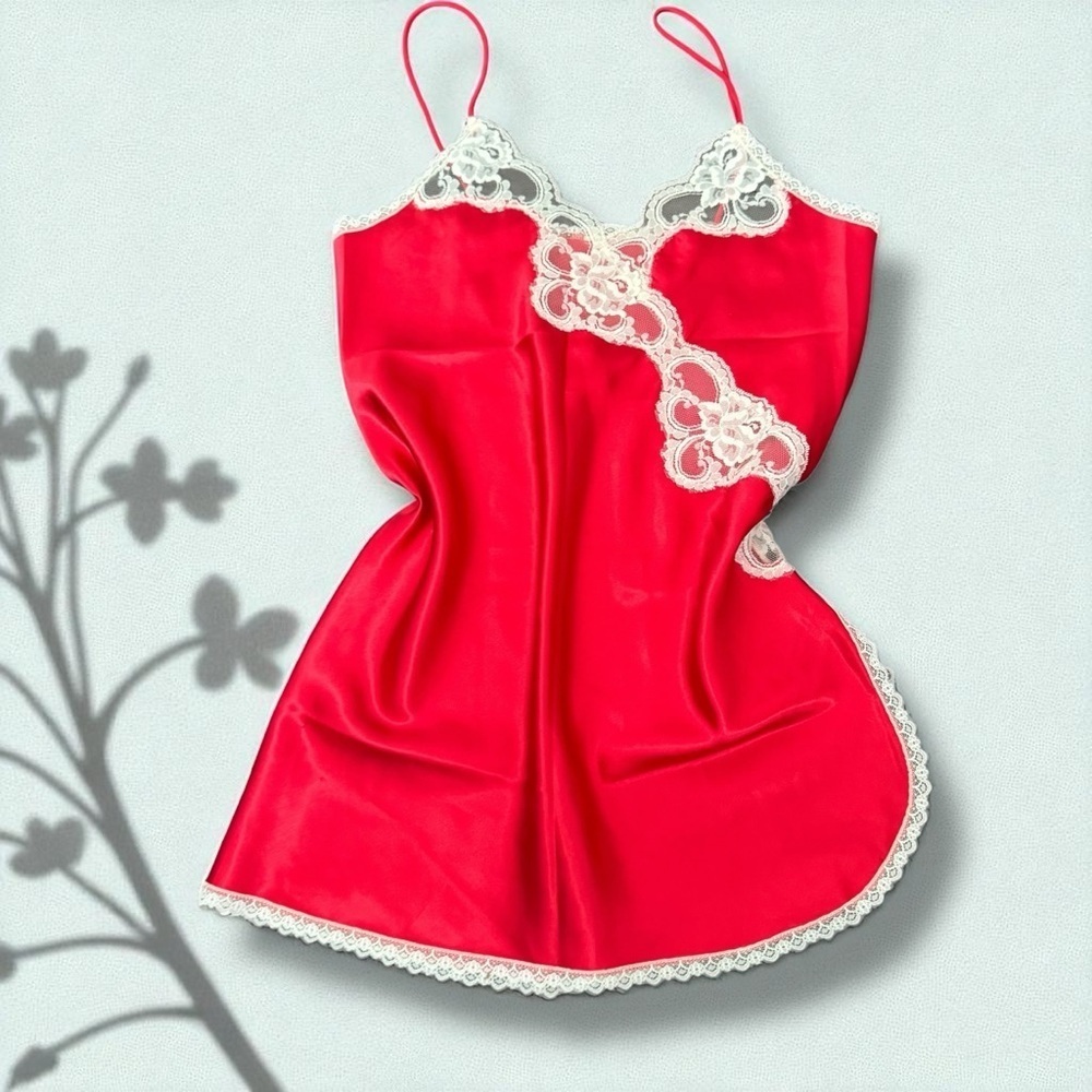 Vintage Red Satin & Lace Slip Dress | 80s 90s Lingerie Nightgown S/M